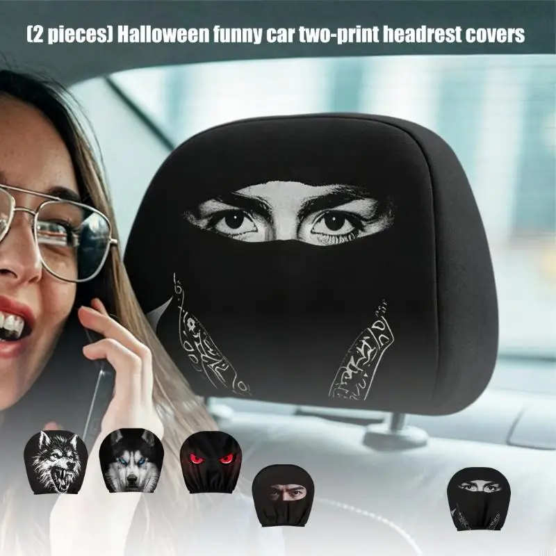 2Pcs Machine Washable Automotive Headrest Covers With Double Sided Print Eye Catching Patterns For Vehicle Decoration H9EE