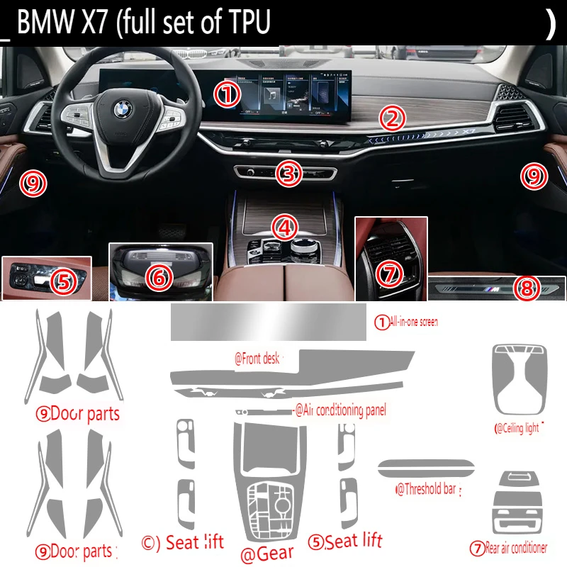 Tpu Transparent Film for 2023-2024 BMW X7 Car Interior Sticker Console Dashboard Screen Protection Film Special Car Accessories