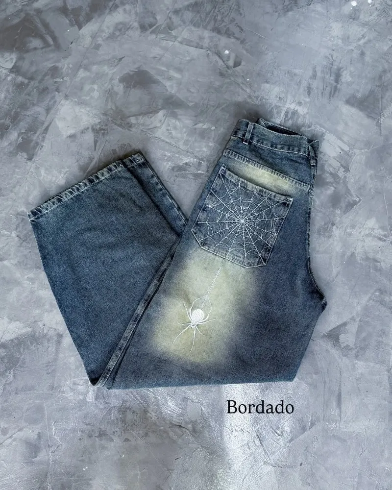 High Street Gothic Cross Spider Pattern Design Lose Jeans Y2K Retro Hip-Hop Street Hose mit weitem Bein Gothic Rock Herren Freizeitjeans