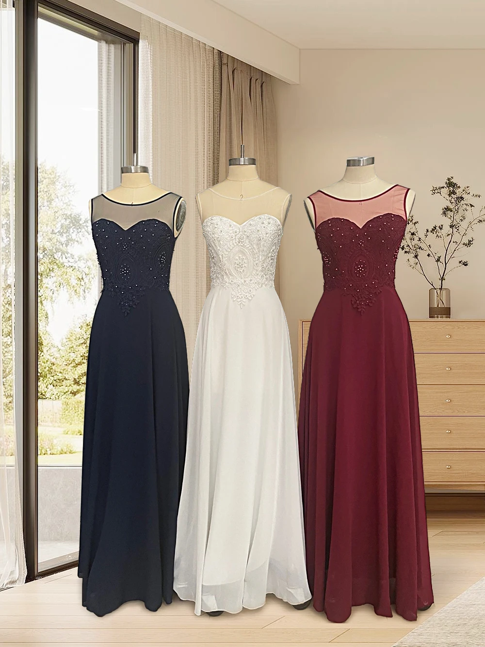 Długie sukienki damskie bez rękawów, seksowne, z iluzorycznym dekoltem typu O, odkryte plecy, aplikacje koronkowe, sukienki wieczorowe, szyfonowe sukienki na imprezę, studniówkę, w kształcie litery A.