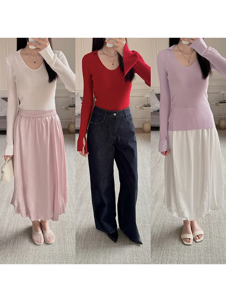 

Slim Fit Wool Neck Knitwear U-Neck Long Sleeve French Style Women's Base Shirt Regular Thickness Spring Season Striped P...