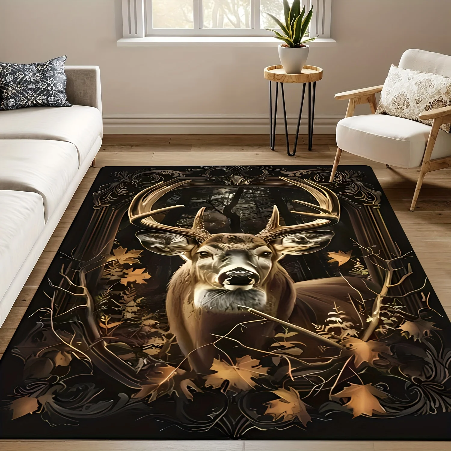 Vintage Autumn Deer Print Non-Slip Area Rug, Soft Flannel Carpet for Living Room Bedroom Entryway Study Game Room Decor - view 5