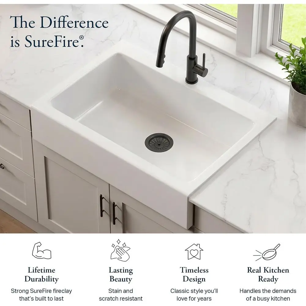 34-Inch ireclay Armhouse White Kitchen Sink Single Bowl | Quick-install with no countertop removal, Surefire glaze, fits 36 in c
