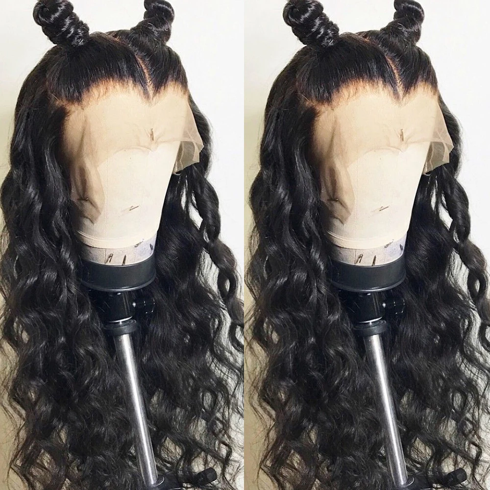 

Синтетический парик с кудрявыми волосами, натуральный черный, с кружевной передней частью, глубокая волна, 13x4, с возможностью свободной части, без клея, термостойкий, 26 дюймов