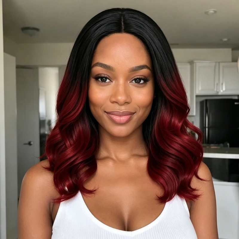 Trendy black and red gradient 16-inch synthetic wig, center parting, perfect for fashionable women's everyday street style.