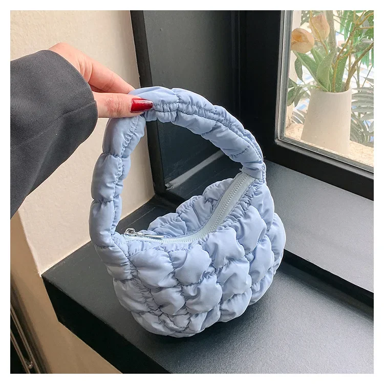 Fashion Mini Puffer Tote Bag Quilted Circle Phone Purse Elegant Purple Soft Nylon Padded Key Pouch Simple Trend Handbag