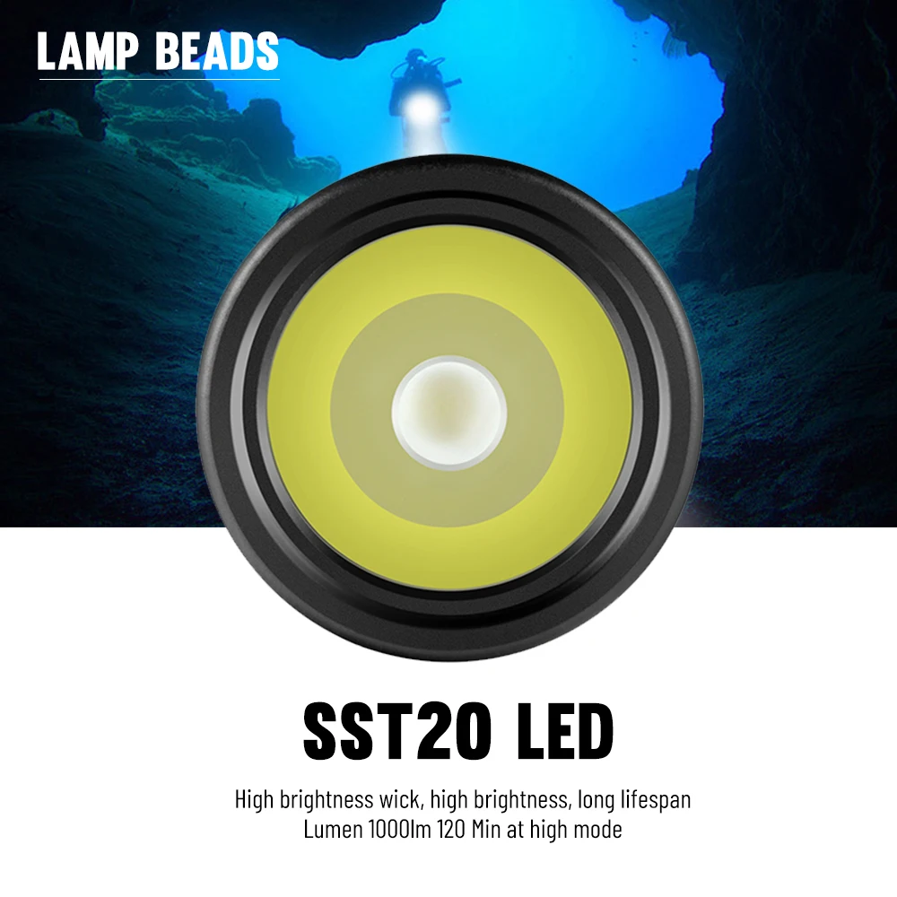 Asafee 100M Diving Flashlight SST20 LED 1000LM 100M Underwater IPX8 Waterproof Lamp Bulit-in Battery Rechargeable Torch