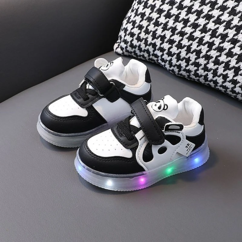 Children's LED Llluminated Shoes Spring 2024 New Leather Sports Shoes  Boys Girls Baby Soft Sole Anti Slip Casual Board Shoes