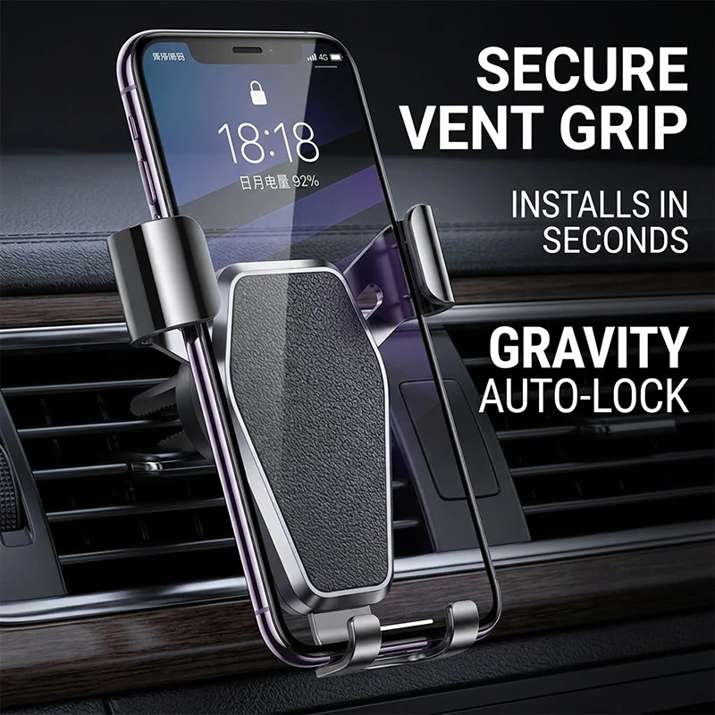 Gravity Car Phone Mount with Leather Texture Panel Auto Clamping Vent Holder Cradle Hands Free Stand For All Cell Phones