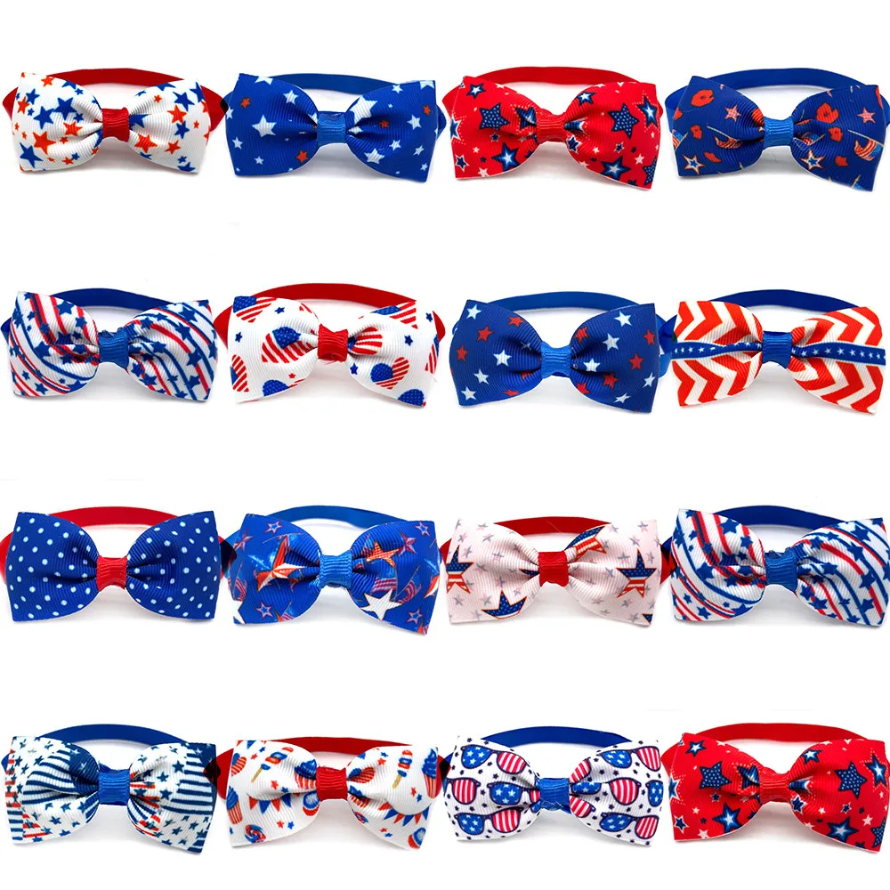 50/100pcs Small Dog Ties American Independence Days Puppy Dog Bowtie Necktie Adjustable Pet 4th of July Collar Accessories