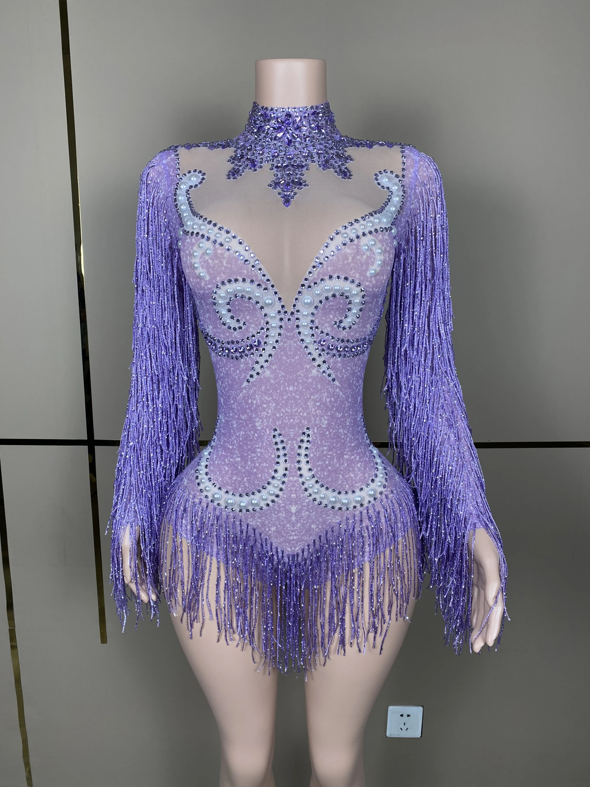 Fashion Gray Fringe Silver RhinestonesPearlsTransparent Bodysuit Women DanceShowCostume Birthday Party Outfit D007