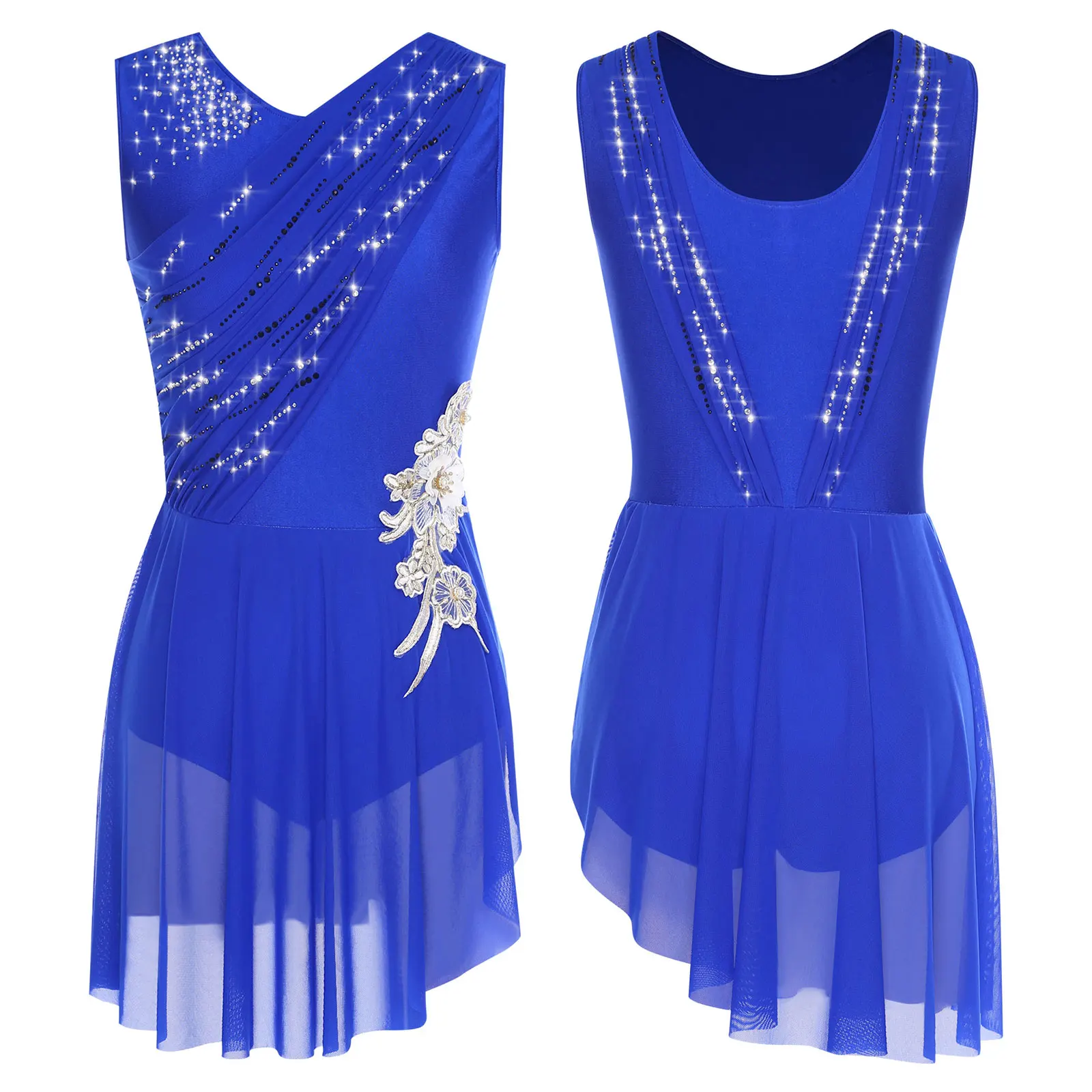 

Womens Lyrical Dance Dress Contemporary Dress Figure Skating Dancewear Sleeveless Ruched Mesh Overlay Rhinestones Applique Dress