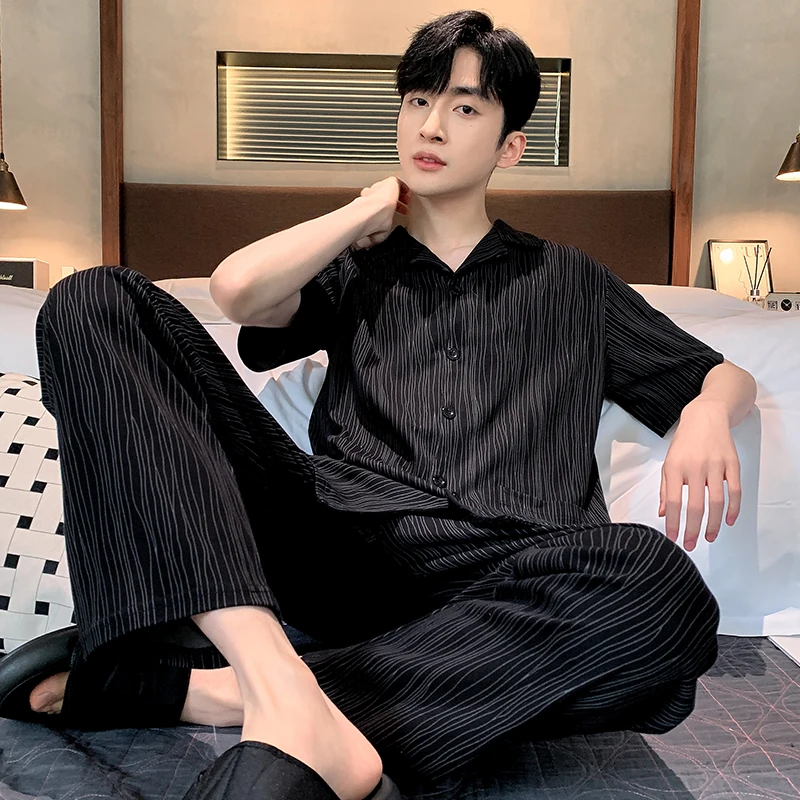Men Pajamas Summer Style Short Sleeve Sleepwear Modal Cotton Print Cardigan Pyjamas Male Lounge Pajama Set Big Size 4XL Homewear