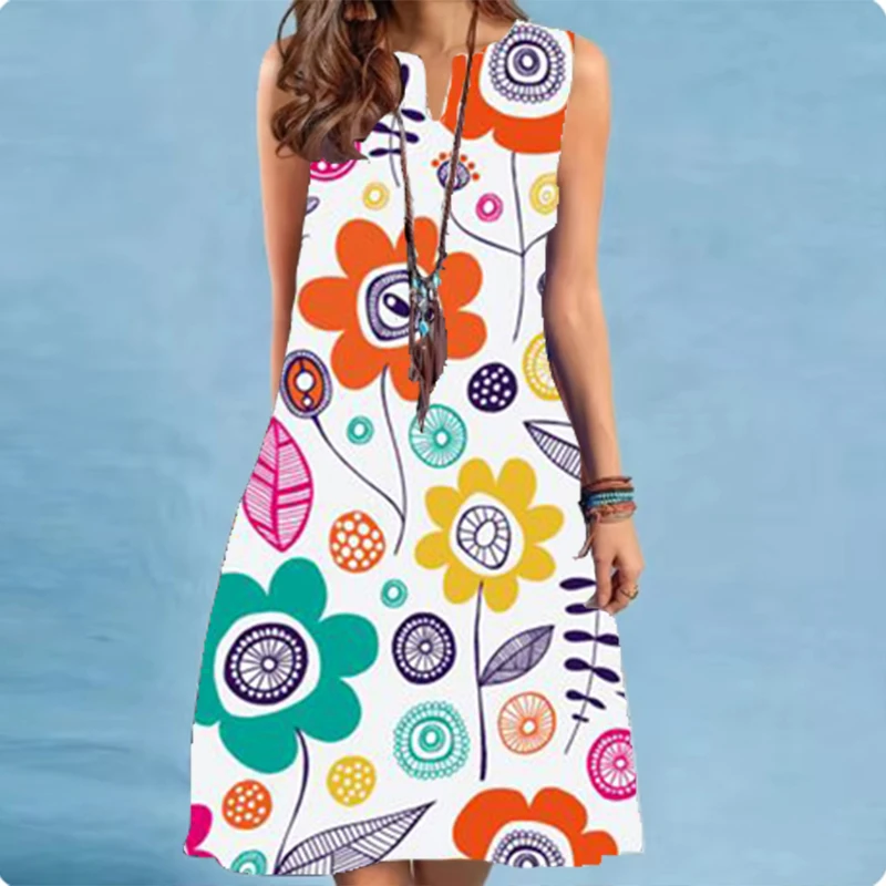 Nuevo vestido de verano para mujer, pintura al óleo, estampado floral, patrones, cuello en V, sin mangas, tocado, vestidos de fiesta hasta la rodilla para mujer