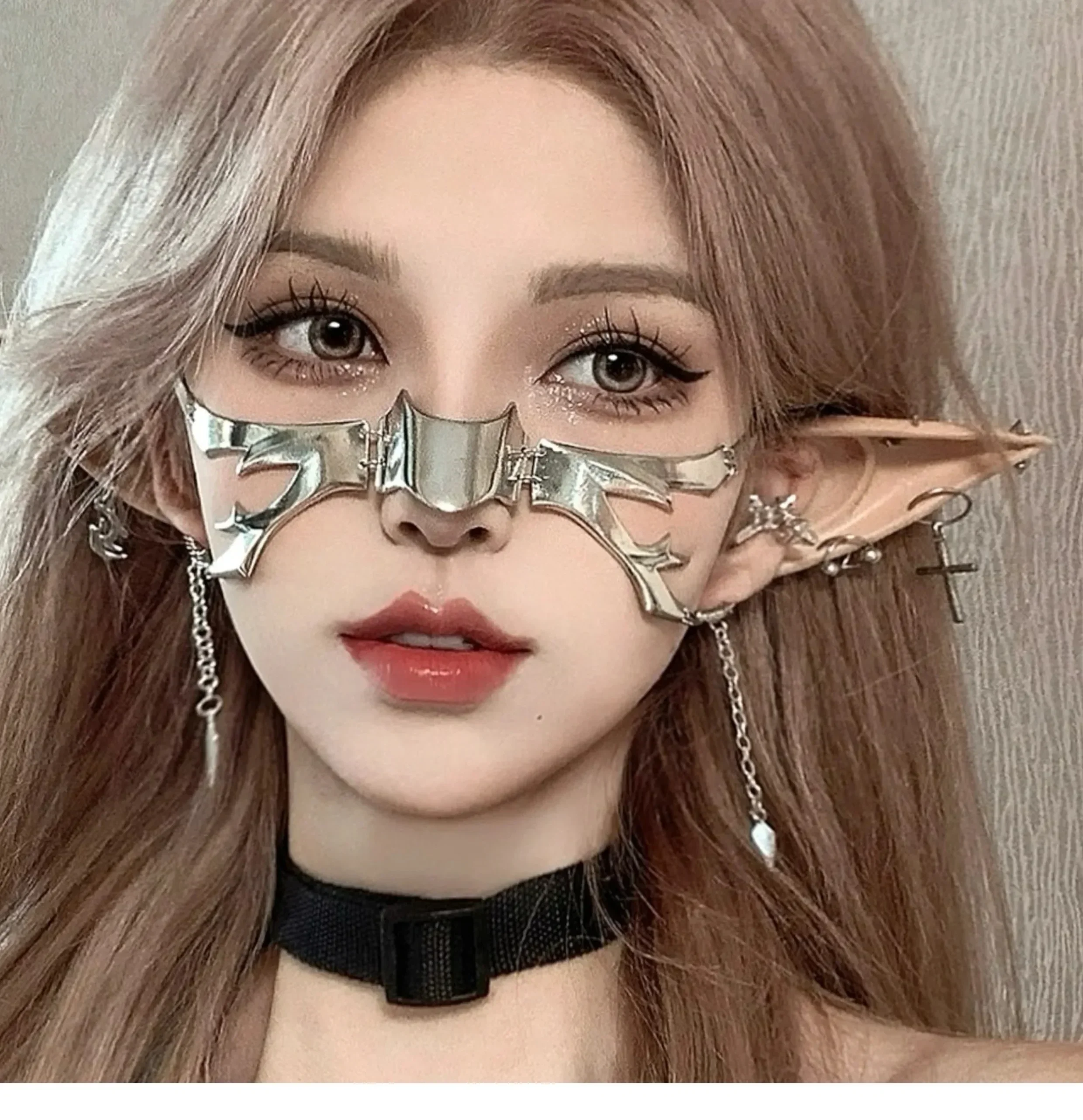 Cyberpunk-Metallmaske, Nischendesign, unregelmäßige Flüssigkeit, mechanischer Wind, Ohrringe, Lippenringe, verstellbares Gesichtszubehör für Männer – Detail 3
