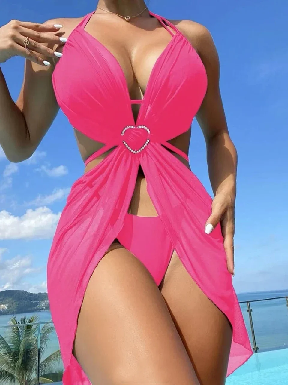 3 pezzi bikini a triangolo con lacci 2024 donna scava fuori costume da bagno costumi da bagno solidi costume da bagno femminile costume da bagno Lady Beachwear estate