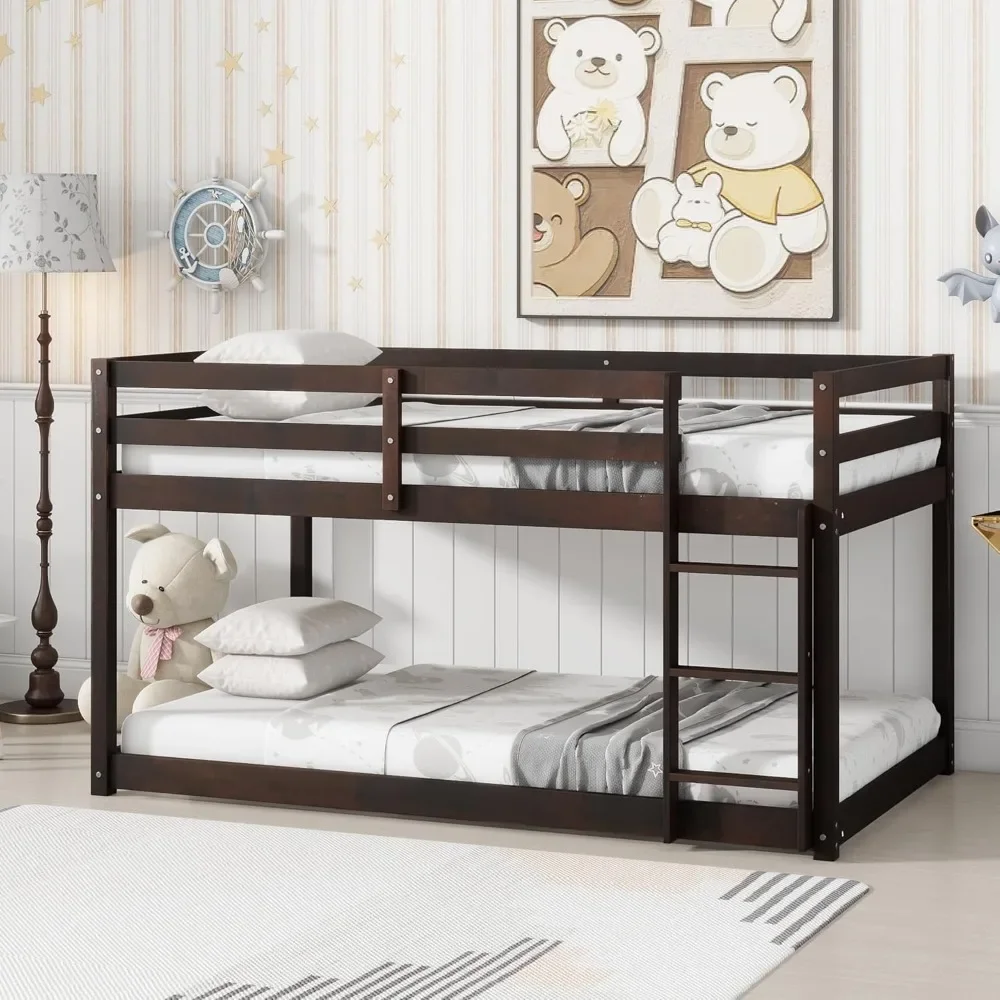 

Bunk Bed Twin Over Twin,Wood Low Profile Floor Twin Bunk Beds with Ladder Guardrails for Kids Boys and Girl,No Box Spring Needed