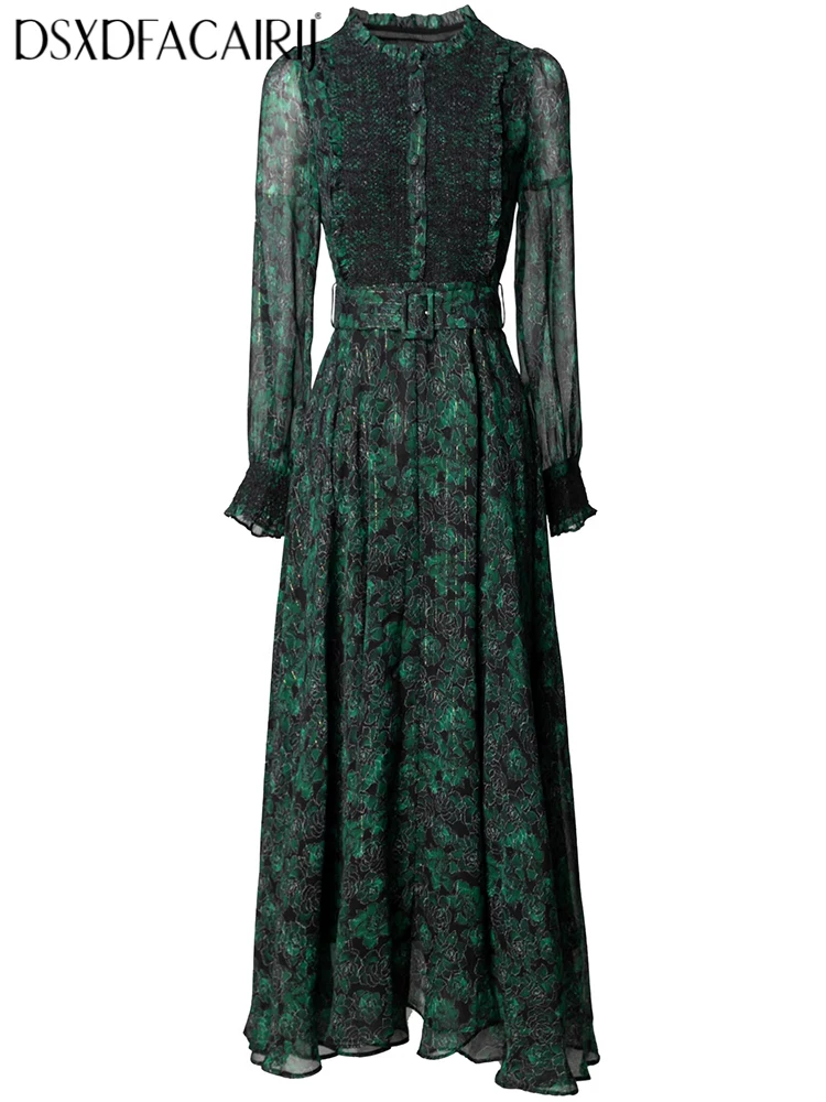 

DSXDFACAIRIJ Vintage Women's Dress O-Neck Lantern Sleeve Sashes Floral Print Single-Breasted Fashion Spring Female