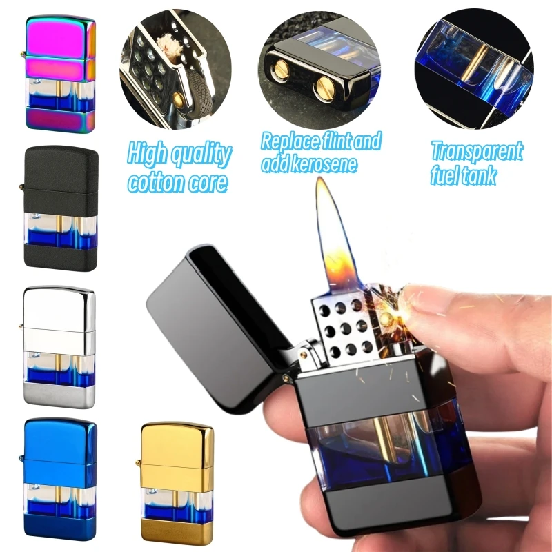 

Metal Portable Lighter,Transparent Fuel Tank,Retro Grinding Wheel,Windproof Kerosene Lighter,Business Gift,Cigarette Accessories