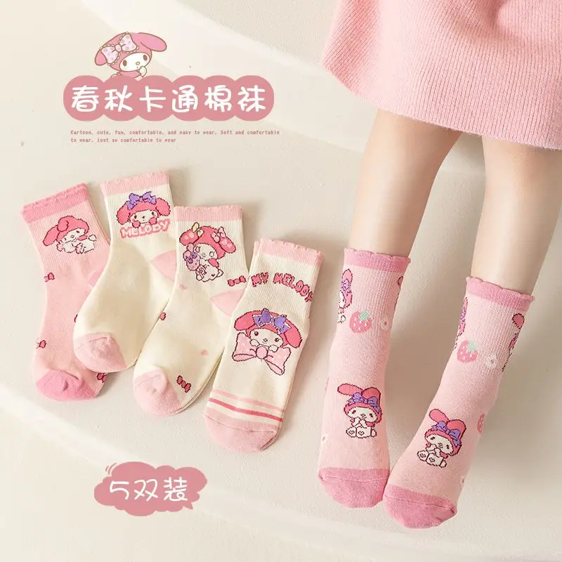 

5Pcs My Melody Socks Girls Sanrio Kawaii Anime Kuromi Autumn Cotton Children Lace Socks Cartoon Cute Anime Students Gift for Kid