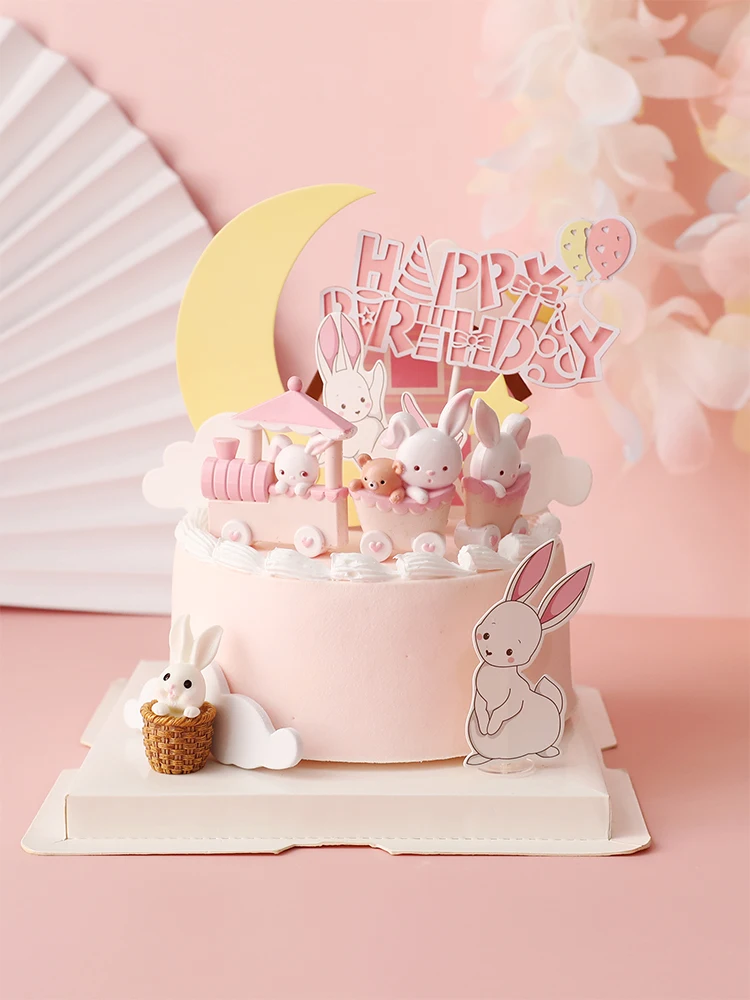 Pink Rabbit Bunny Train Cake Topper Baby Birthday Moon Resin Elephant Monkey Decoration Animal Boy Party Dessert Baking Supplies