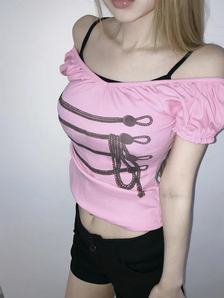 Sommer Damen T-Shirt Y2K Coquette Streetwear Off-Shoulder Puffärmel Seil-Print Rückenausschnitt Slim Fit Crop-Top – Detail 7