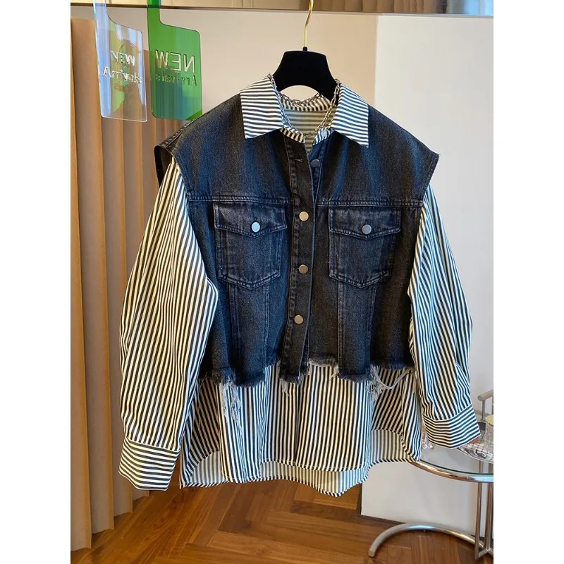 

SuperAen Retro Denim Vest Striped Patchwork Coats for Women 2026 Spring New Oversize Office Lady Single Breasted Coats