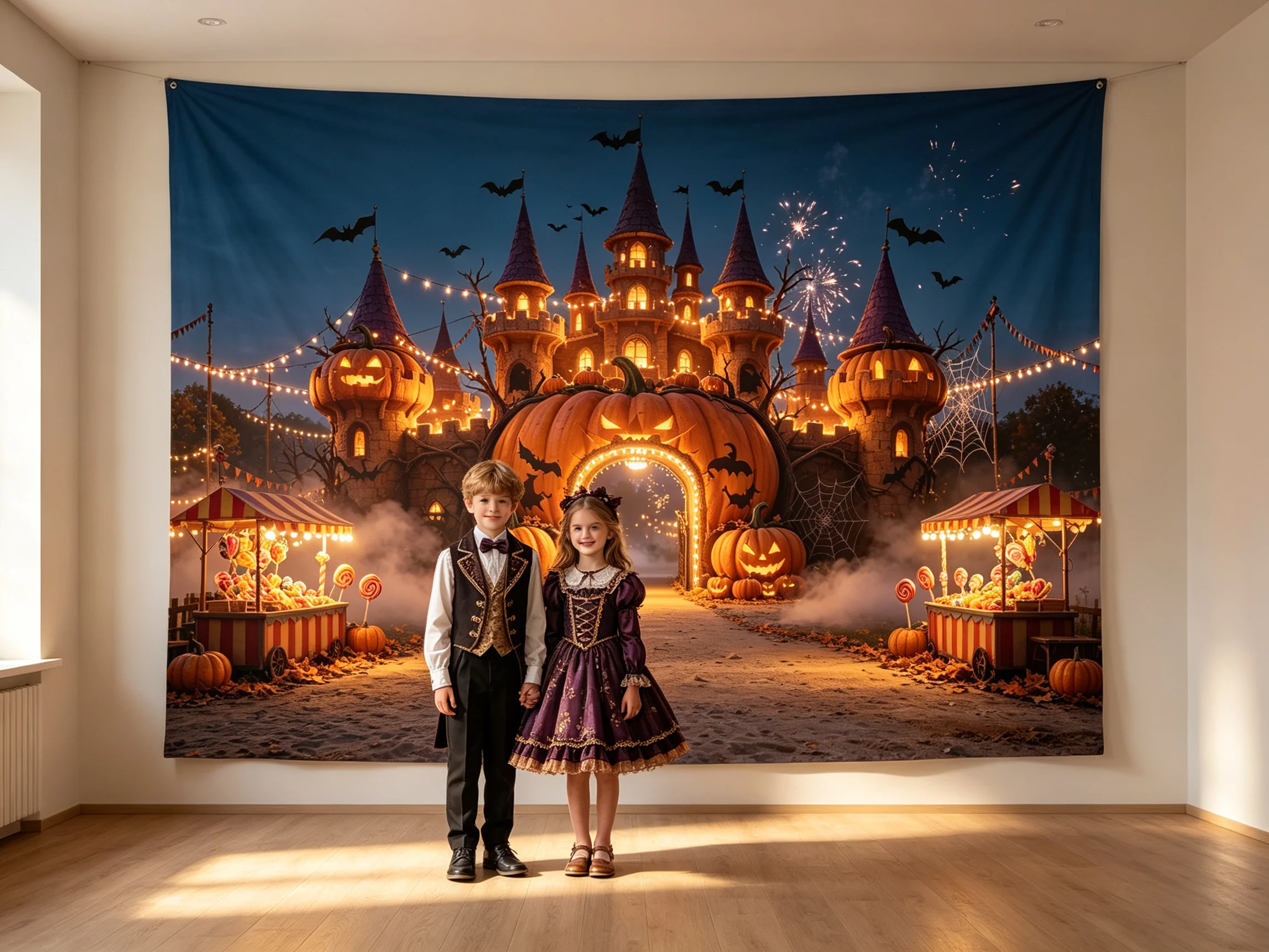 Mocsicka Halloween Pumpkin Castle Photography Backdrop Spooky Carnival Night Scene Candy Stall Photobackground Studio Photoshoot