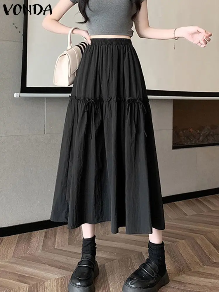 VONDA Women Bow Maxi Long Skirts 2024 Summer Solid Color Skirts Fashion Beach Bottoms Oversized Casual Loose Skirts Femininas