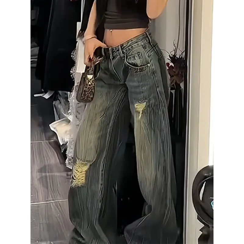 

American Vintage Ripped Jeans Women High Quality Breathable Skin Friendly Washed Blue Loose Wide Leg Floor Length Denim Pants
