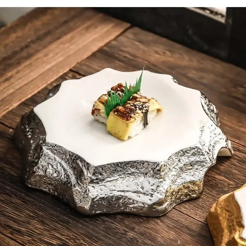 

Japanese Sushi Plate Black and White Gold Stone Pattern Ceramic Irregular Tableware Western Steak Dessert