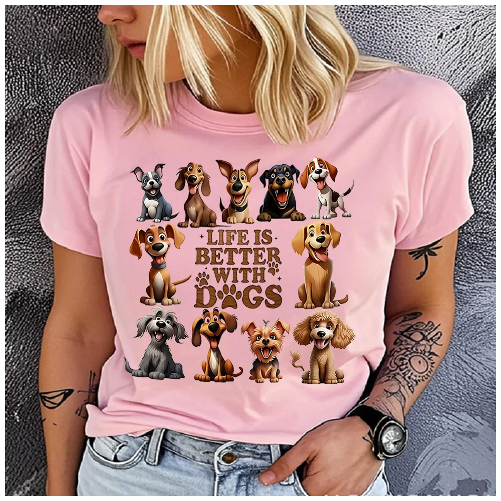 Cotton 100% Life Is Better With Dogs Multi Breed Graphic Print T‑Shirt Women Pink Short Sleeve Crew Neck Tee Dog Lover Casual To