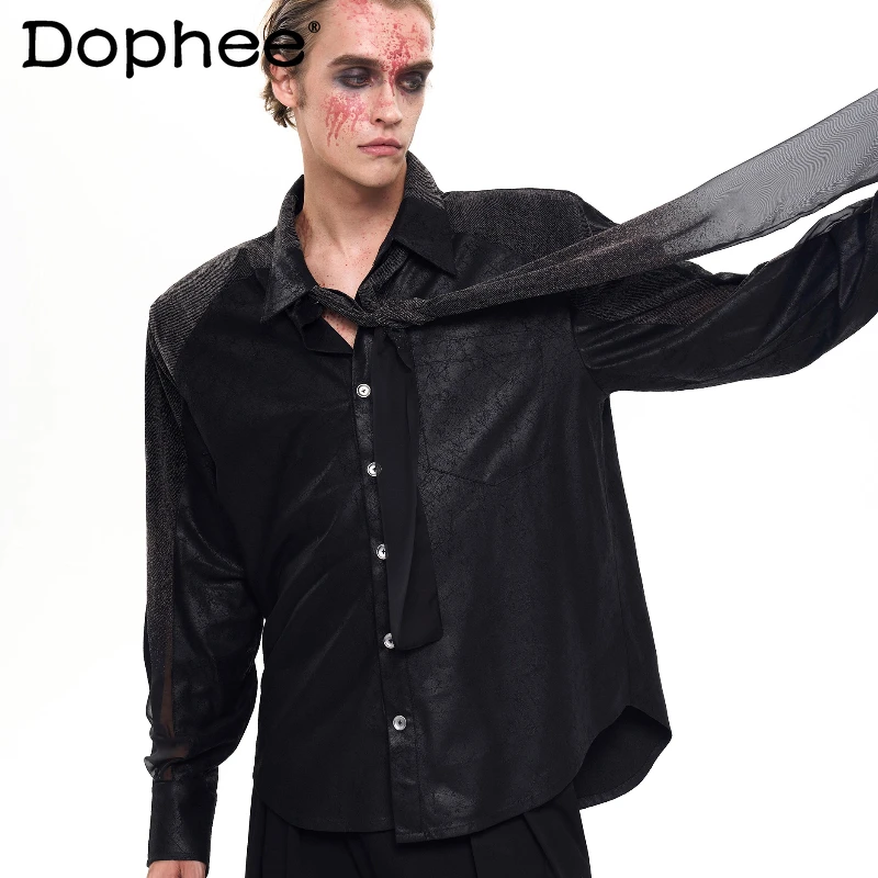 

Men's 2025 Autumn New Trendy Handsome Mesh Gauze Tops Shoulder Padded Loose Comfort Shirts Men's High-end Tie Long-sleeve Shirts