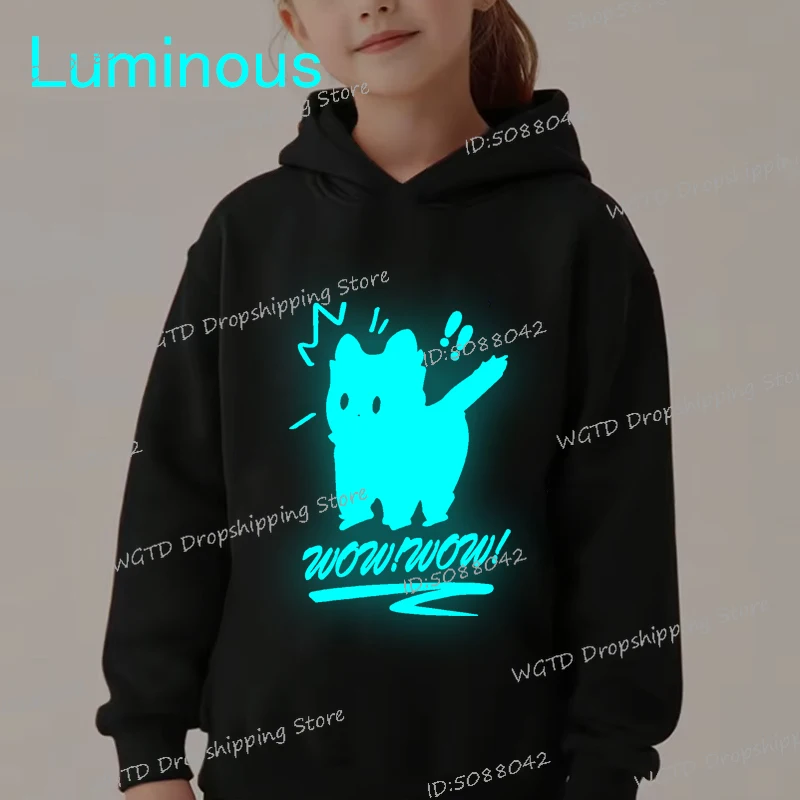 

Girls Luminous Cat "WOWOWOW!" Graphic Hooded Cartoon Animal Casual Fall Winter Pullover Kids Long Sleeve Fun Kitten Hoodies
