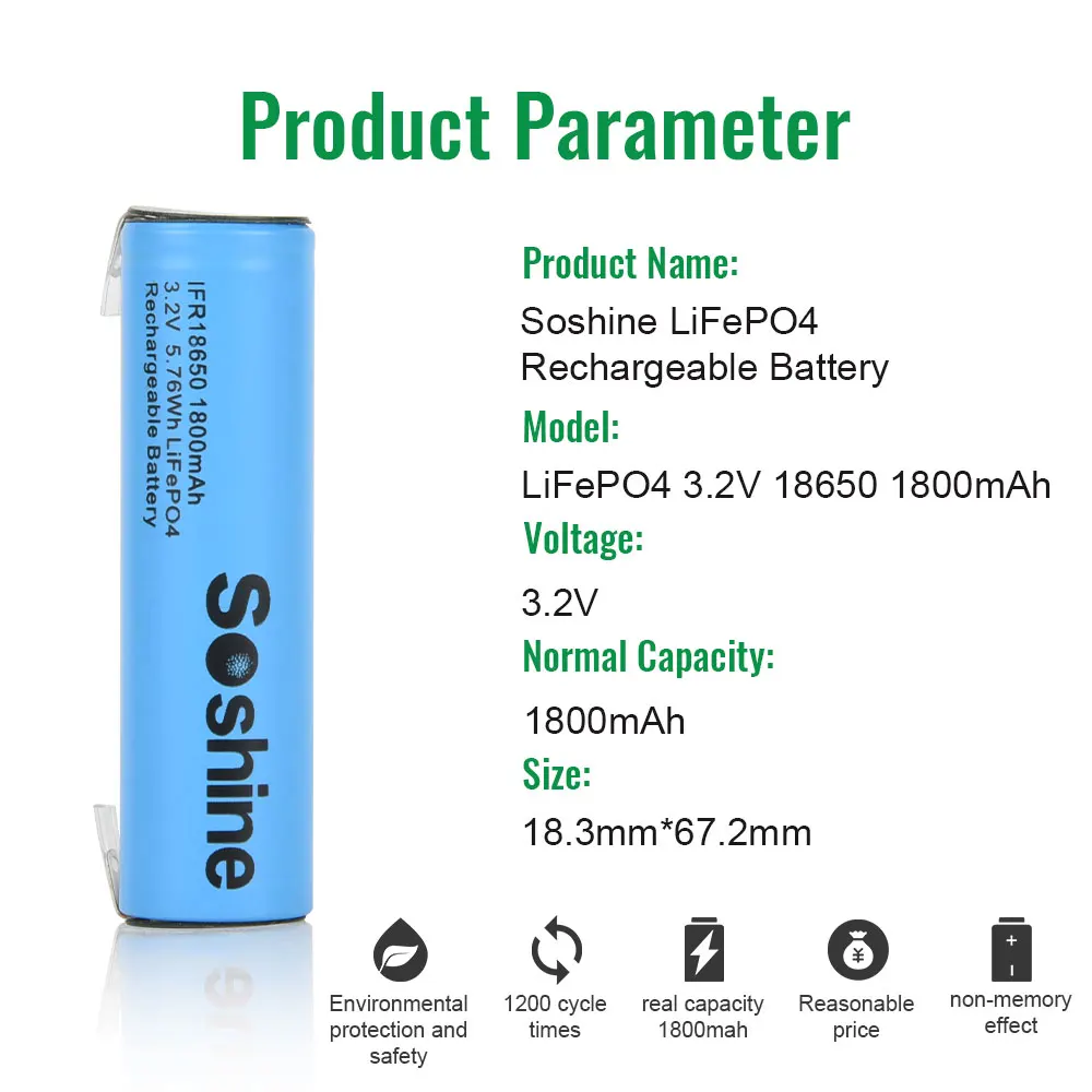 Soshine 3.2V 18650 LiFePo4 Rechargeable Battery with Welding Tabs 100% Original 18650 1800mAh Batteries for Charge 2000 Cycle