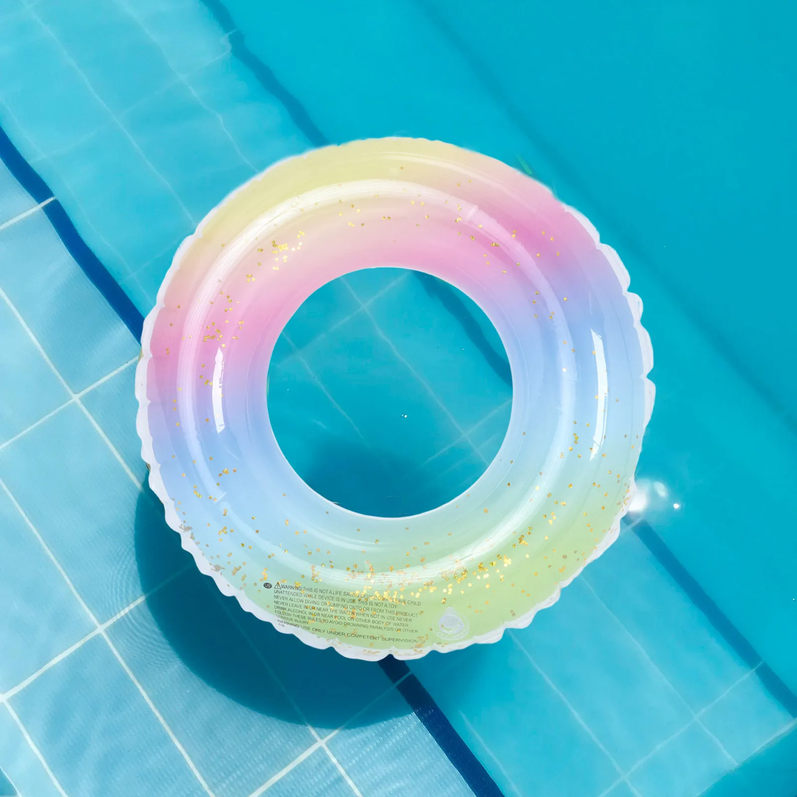 Thicken Sequins Translucent Gradient Rainbow Inflatable Swim Ring 60Cm Easy Inflate Deflate Pool Beach Lake Accessory