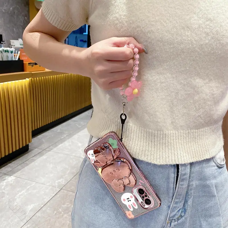 K 30 K 40 Flower Strap Mirror Rabbit Phone Holder Case On For Xiaomi Redmi K30 K30S K40 K40S K50 K60 K60E K70 K70E Stand Cover