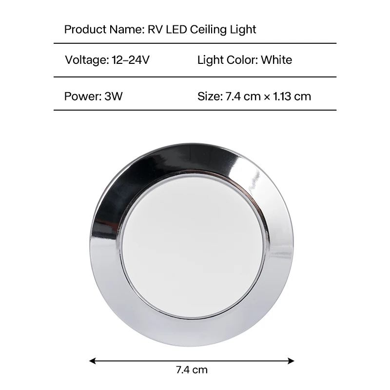 12-24V LED RV Ceiling Light 7.4cm  Energy-Saving Bright White Interior Lamp for Camper, Caravan, Marine, and Boat Use