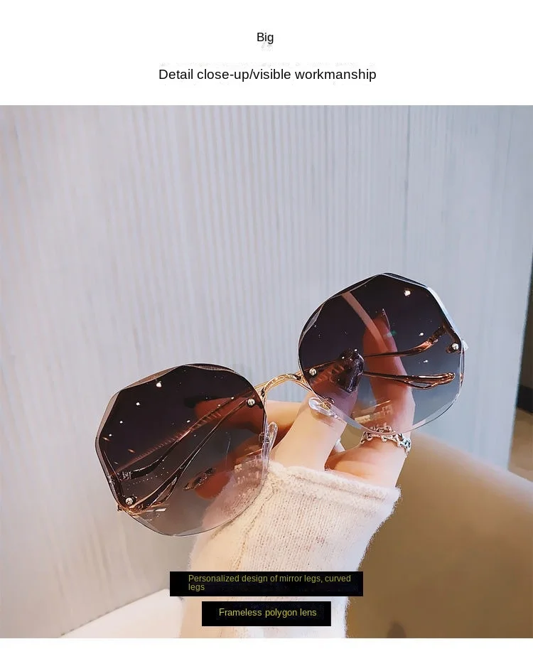 نظارات شمسية عصرية عصرية مضلعة بدون إطار بحافة مقطوعة للنساء بأرجل معدنية منحنية وصورة عصرية للشارع
