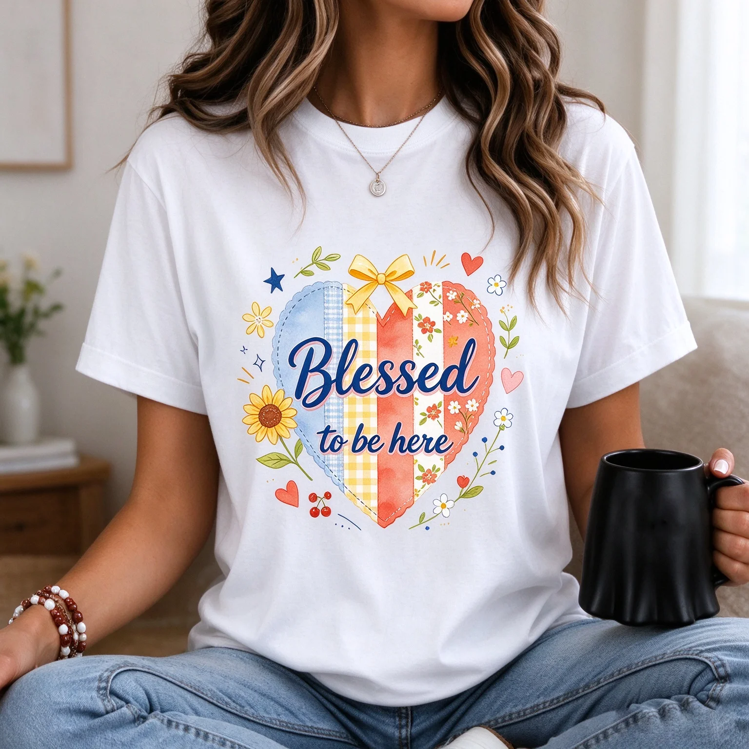 Women Blessed To Be Here Patchwork Heart Floral Sunflower Bow Graphic Cotton T Shirt Crew Neck Short Sleeve Tee