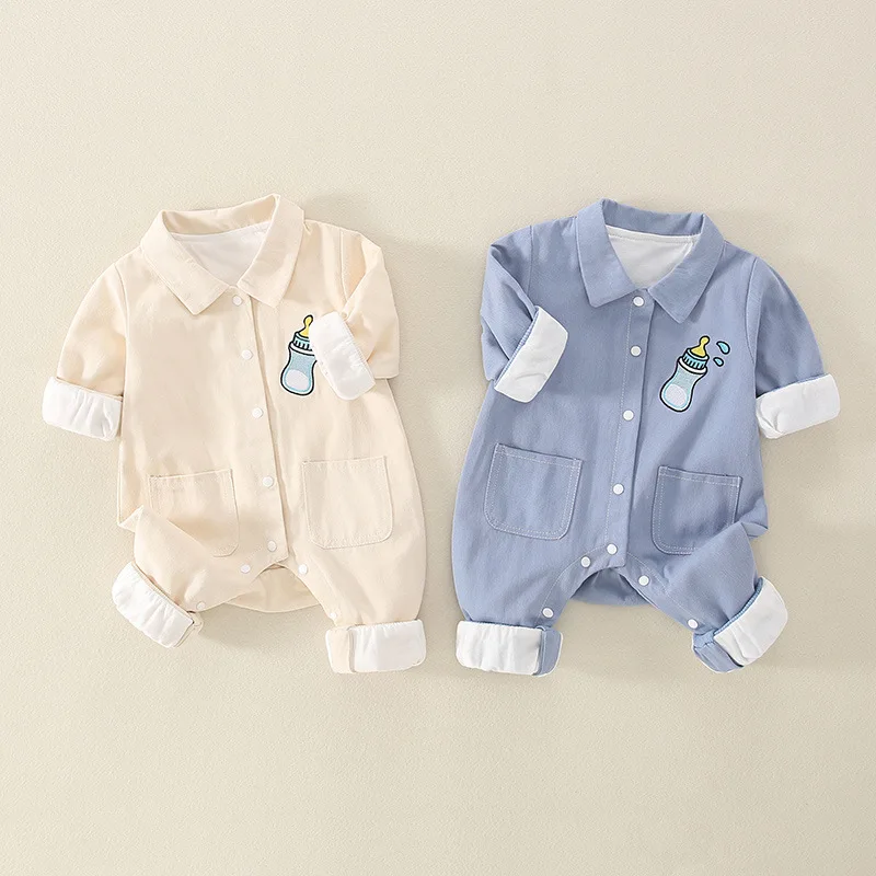 

2023 Winter New Children's Cotton Jumpsuit Baby Cotton Fabric Onesie Funny Printed Double-Layer Clothing Outside Climbing Suit