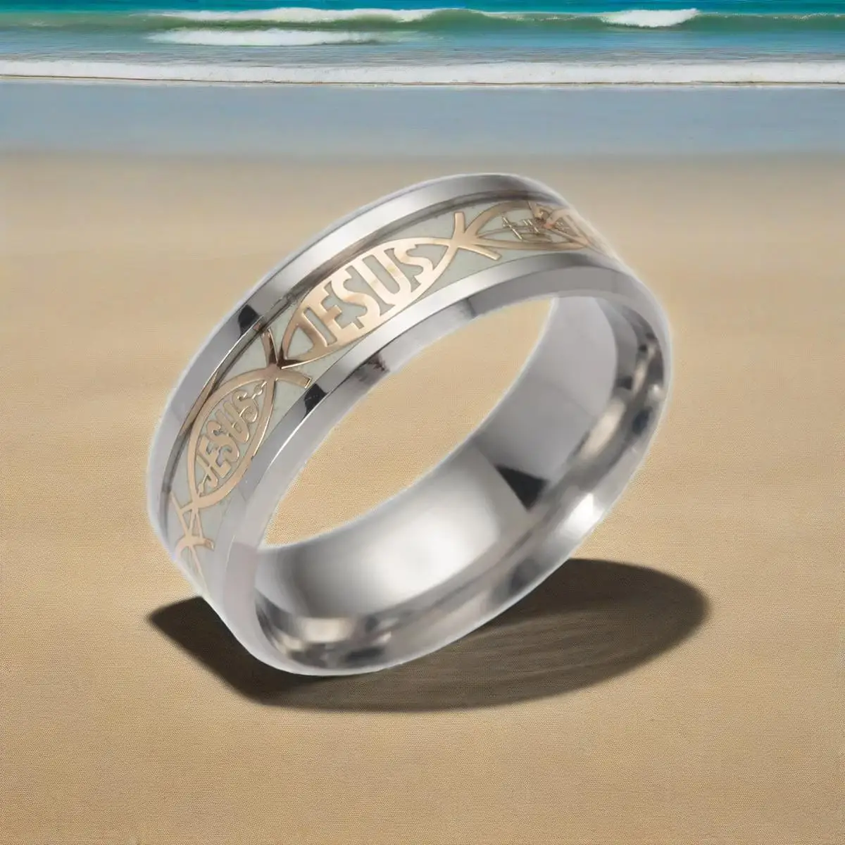 

Golden Jesus Inlay Ring Luminous Glowing in the Dark with Green Background Fashion Jewelry Accessory for Men And Women