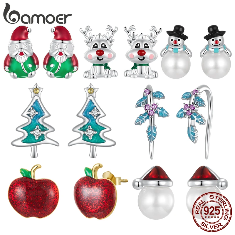 Bamoer Original 925 Sterling Silver Christmas Tree Stud Earrings Holly Ear Hook Snowman Pearl For Women Party Gift Fine Jewelry