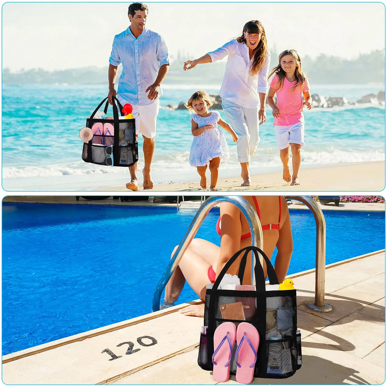Mesh Beach Bags for Women-Plus Waterproof Sandproof Tote Bag, Large Beach Tote Bag for Family Beach Bag for Toys Vacation Essent