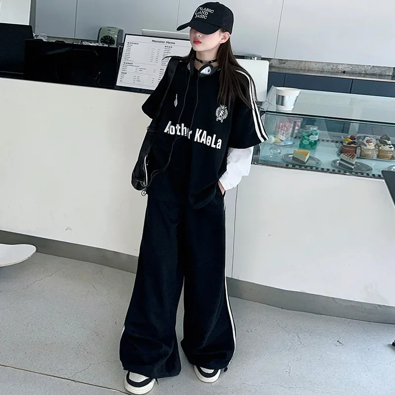 Girls' sportswear set 2025 new spring and autumn fashion fake two-piece hoodie wide leg pants two-piece set trendy