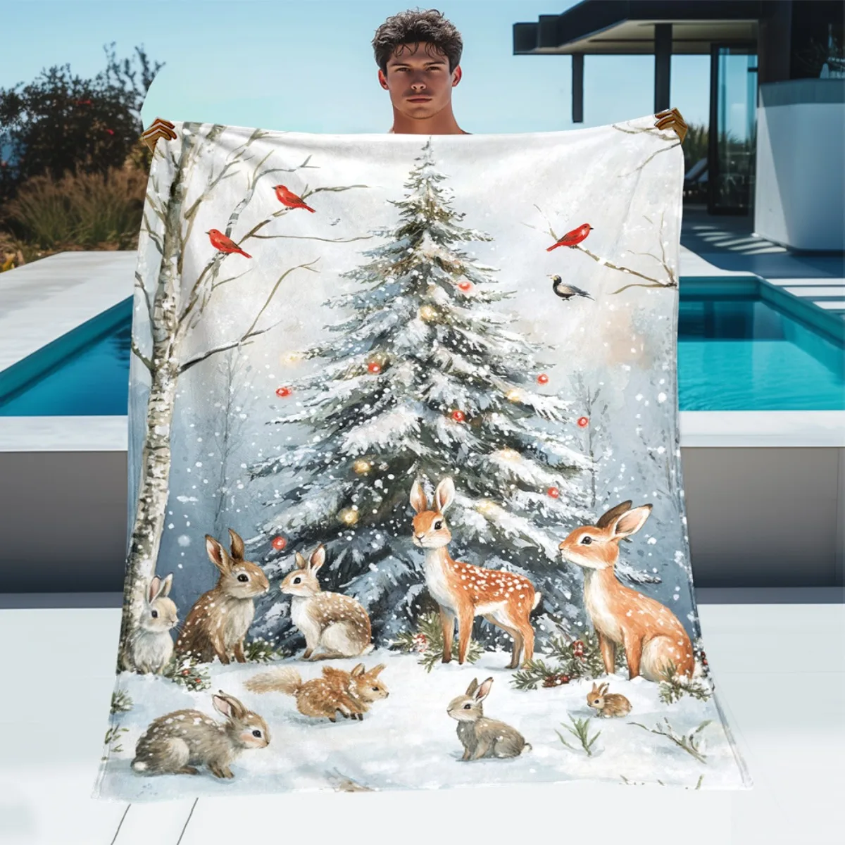 1pc Deer And Rabbits By Christmas Tree Printed Outdoor Blanket - Lightweight Flannel Used for Camping, Picnic, Hiking, Tourism,