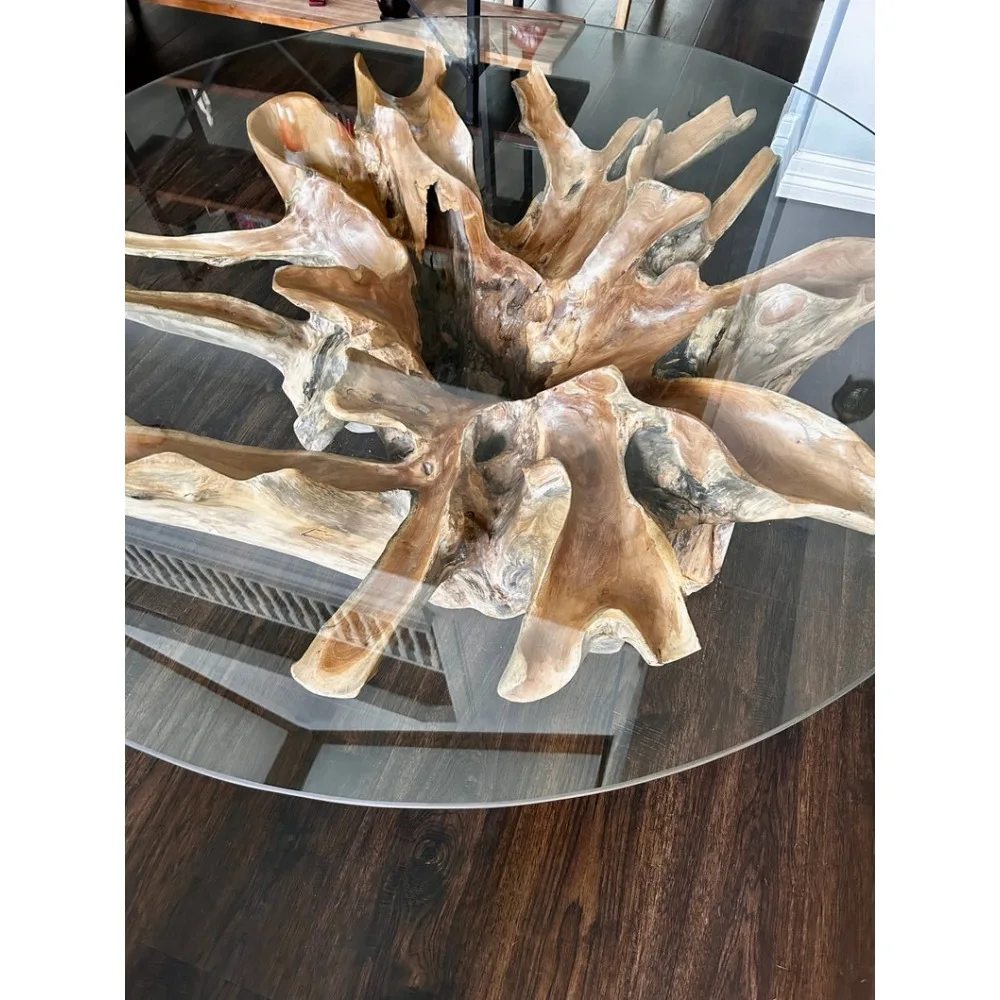 XMSJ Teak Root Coffee Table with Glass Top