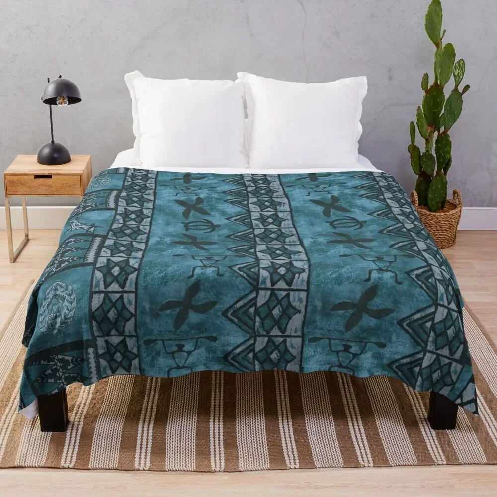 Vintage Hawaiian Tapa Ocean Blue Throw Blanket Flannel manga Decorative Throw Blankets