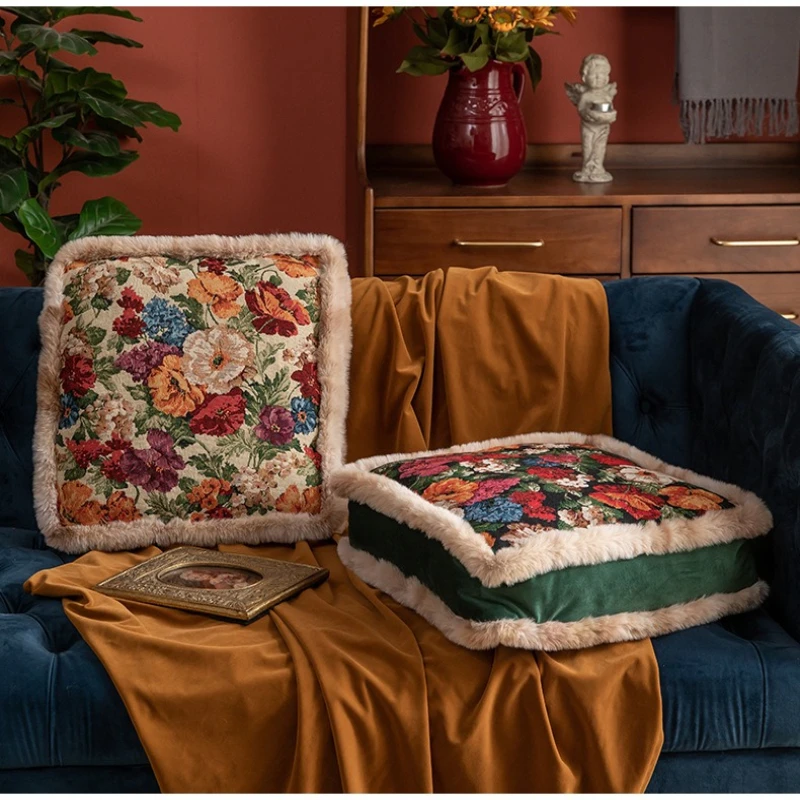 Home Luxury Lightweight Thick Cushion Long-lasting and Non-deforming Rural Retro Square Floor-backed Lumbar Support Seat Cushion