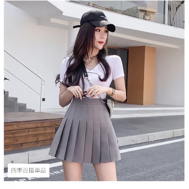 

Spring Autumn Pleated Women's Short Skirt New High Waist Slim A-line Half Skirt College Student Commuter Zipper Girl Skirt Gray